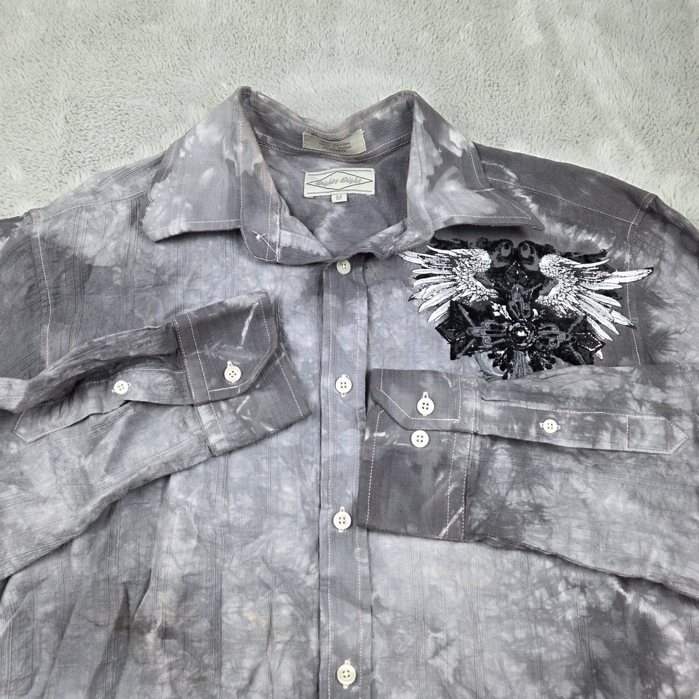 Eighty Eight Button Down Shirt Mens M Gothic Winged Cross Tribal Tie Dye Gray